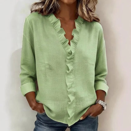 Womens Ruffled Long Sleeve Cotton Shirt