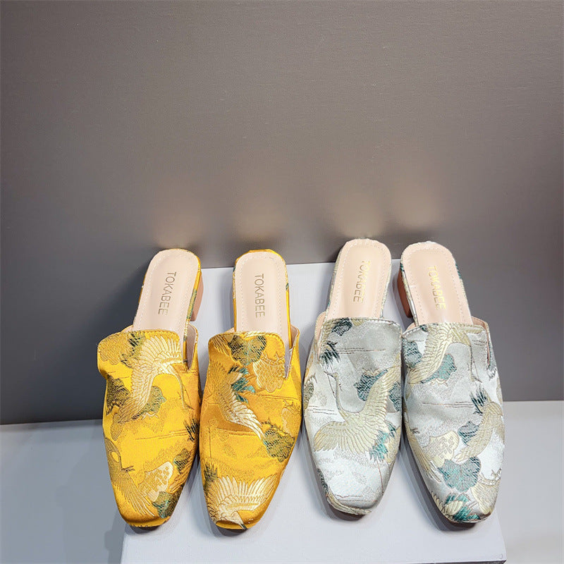 Embroidered Low Heeled Mules With A Square Toe Low Cut And Chunky Heeltimeless VersatileAnd Perfect For A Retro Look