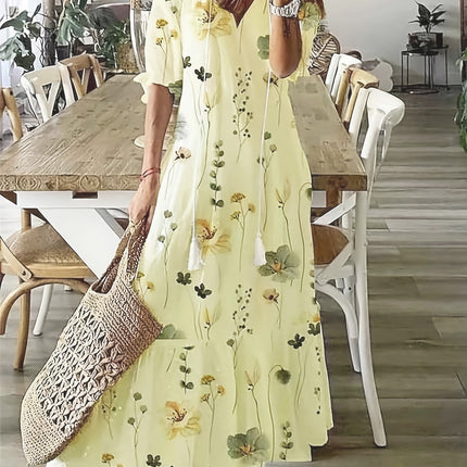 Womens V-Neck Printed Lantern Sleeve Dress