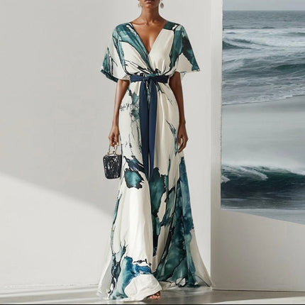 Womens V-Neck Digital Print Drawstring Dress