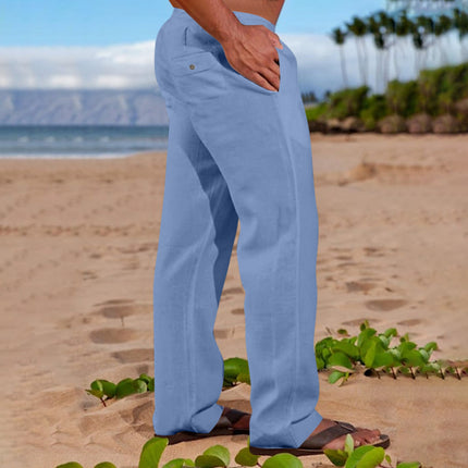 Mens Linen Cotton Drawstring Waist Casual Trousers
