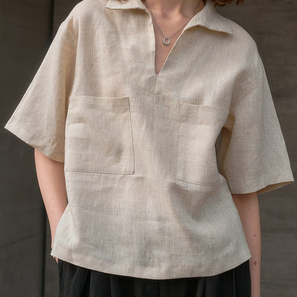 Linen V-Neck Loose Short Sleeve Womens Shirt