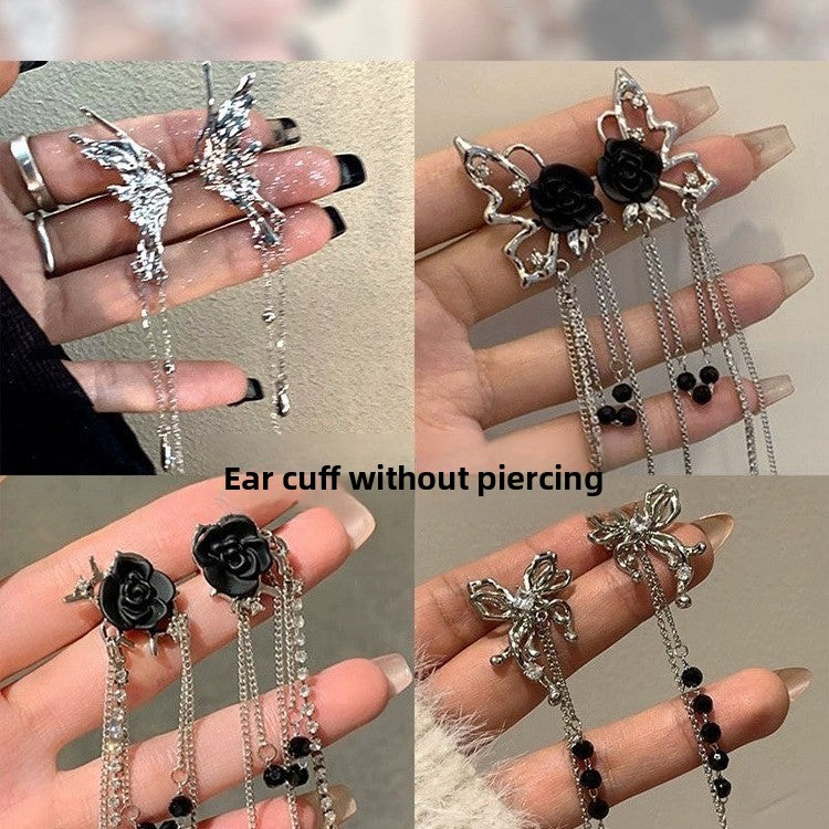Zircon Star Moon Tassel Clip Earrings