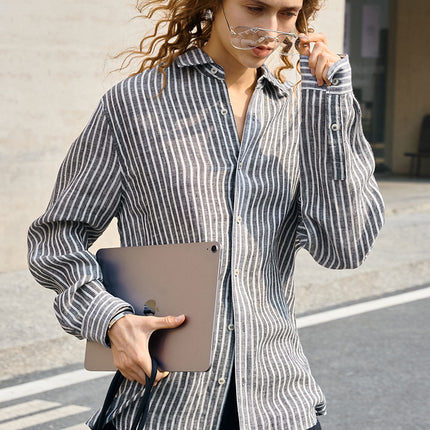 Women's linen check long-sleeved loose-fitting collar shirt