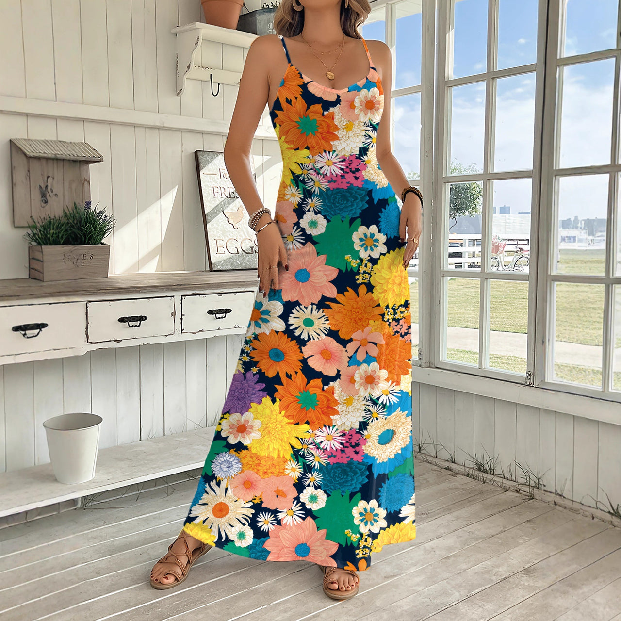 Womens Fashion Long Floral Slip Dress