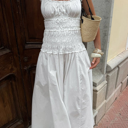 Women's Pure Cotton Spaghetti Strap Pleated Long Dress