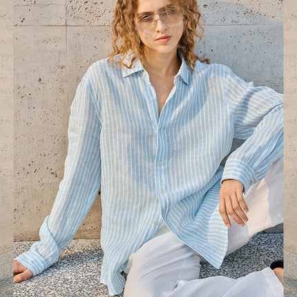Women's linen check long-sleeved loose-fitting collar shirt
