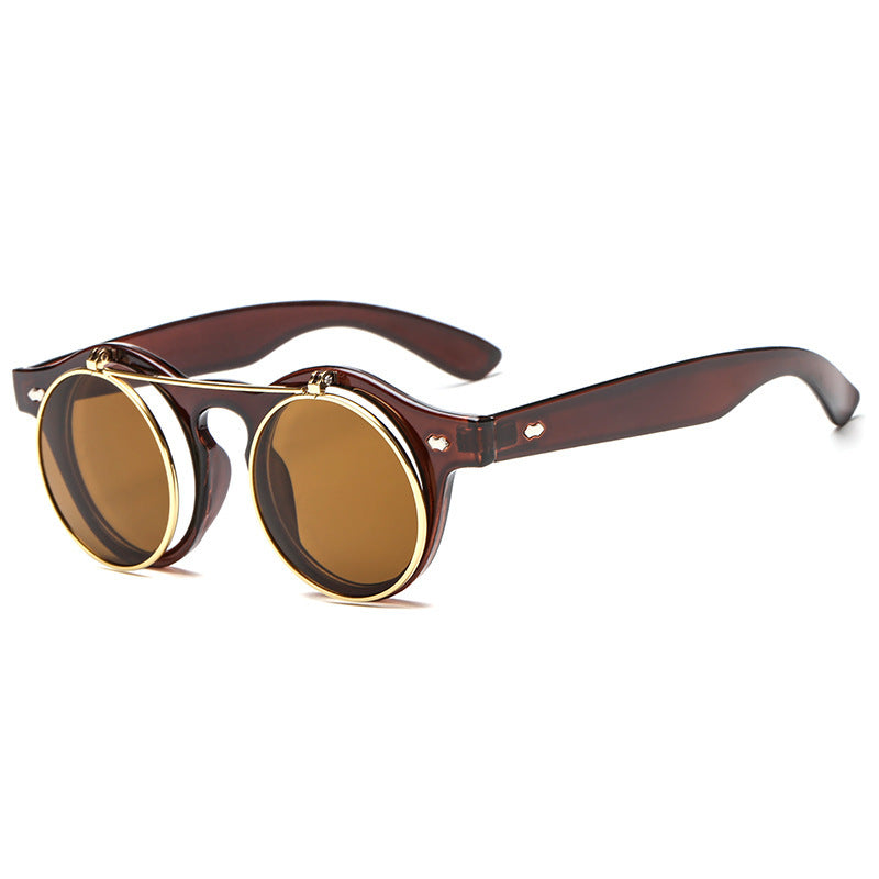 Retro Double Layer Flip Top Round Sunglasses