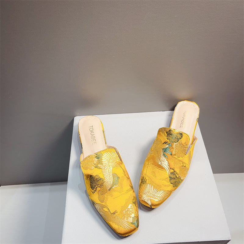 Embroidered Low Heeled Mules With A Square Toe Low Cut And Chunky Heeltimeless VersatileAnd Perfect For A Retro Look