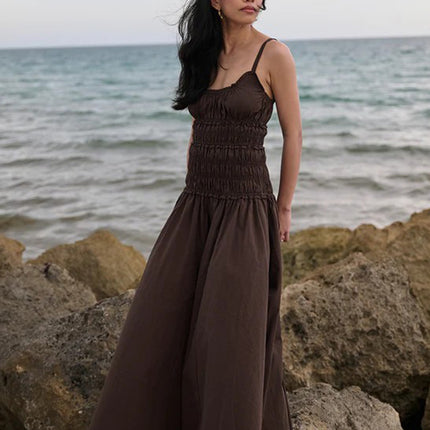 Women's Pure Cotton Spaghetti Strap Pleated Long Dress