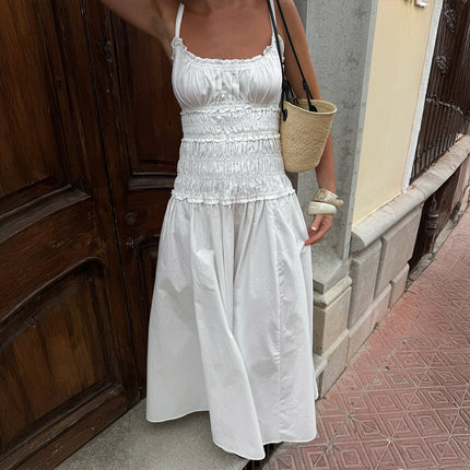 Women's Pure Cotton Spaghetti Strap Pleated Long Dress