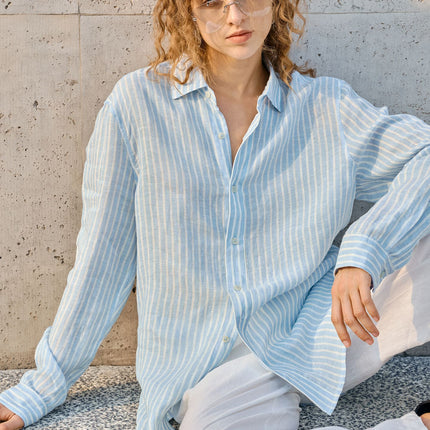 Women's linen check long-sleeved loose-fitting collar shirt