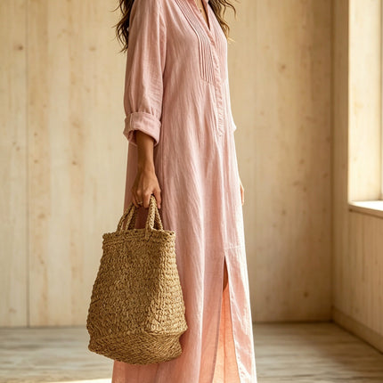 Womens Button Down Long Sleeve Cotton Dress