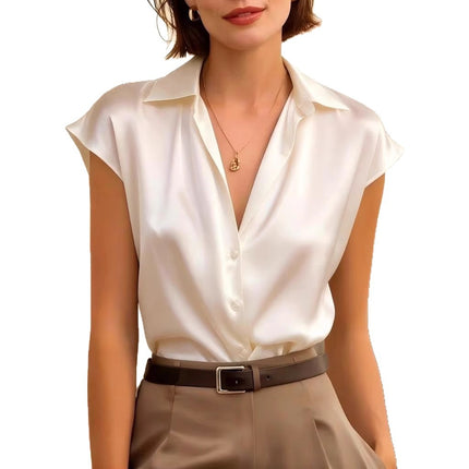 Women Satin Polo Collar Short Sleeve Blouse