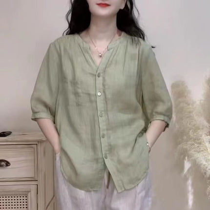 Womens Vintage Summer Cotton Linen V-Neck Loose Shirt