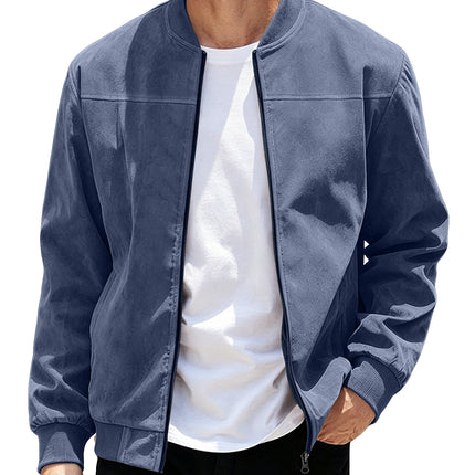 Mens Suede Zipper Jacket Retro Long Sleeve Casual Outerwear