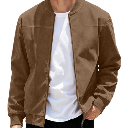 Mens Suede Zipper Jacket Retro Long Sleeve Casual Outerwear