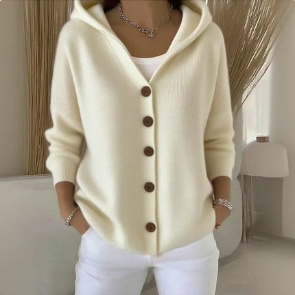 Women's buttoned knitted hooded cardigan
