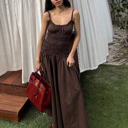 Women's Pure Cotton Spaghetti Strap Pleated Long Dress