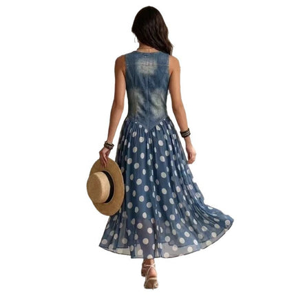 Women's Fashion Casual Printed Faux Denim Polka Dot Dress