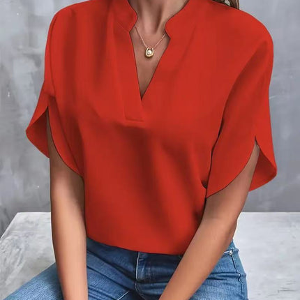 Women's Casual Solid Color V-Neck Loose Short Sleeve Blouse Summer Shirt Top