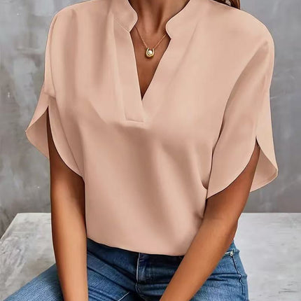 Women's Casual Solid Color V-Neck Loose Short Sleeve Blouse Summer Shirt Top
