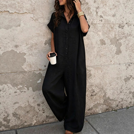 Short Sleeve Button Front Loose Fit Jumpsuit