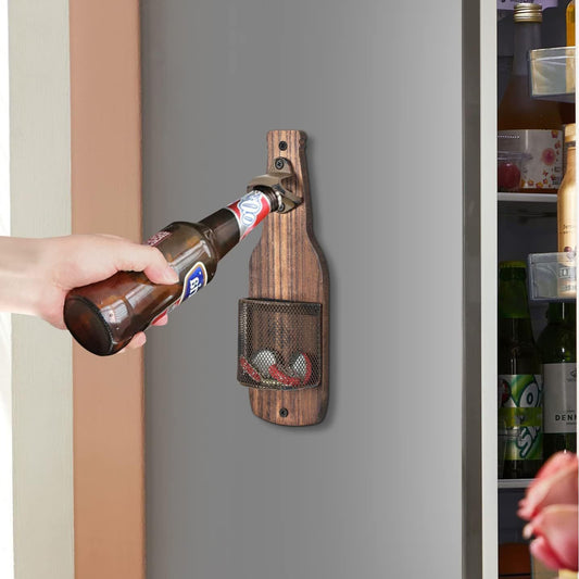 Wooden Wall Mounted Bottle Opener with Cap Storage Basket