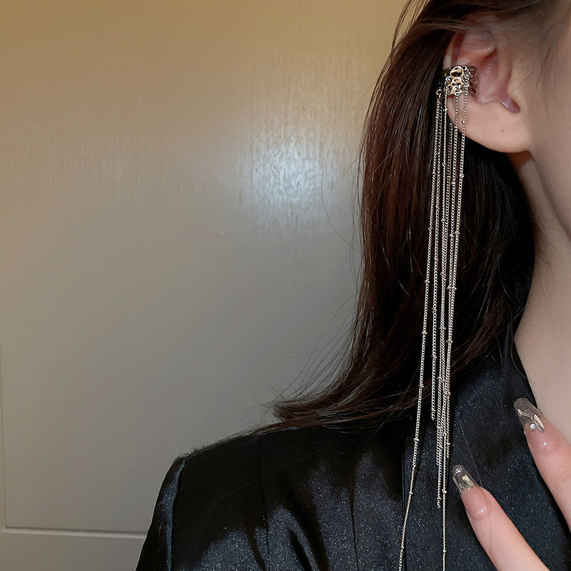 Zircon Star Moon Tassel Clip Earrings