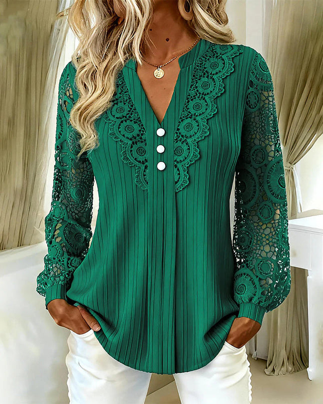 Women Solid Color V-Neck Lace Blouse Long Sleeve Slim Fit Shirt