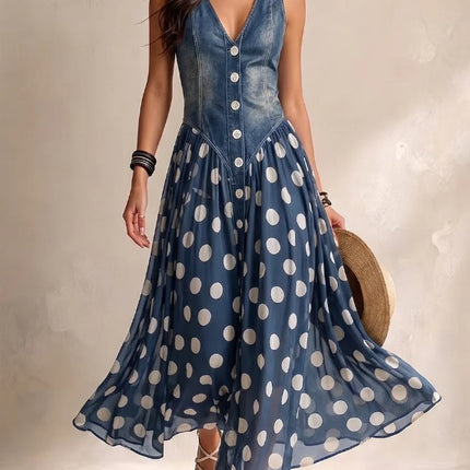 Women's Fashion Casual Printed Faux Denim Polka Dot Dress