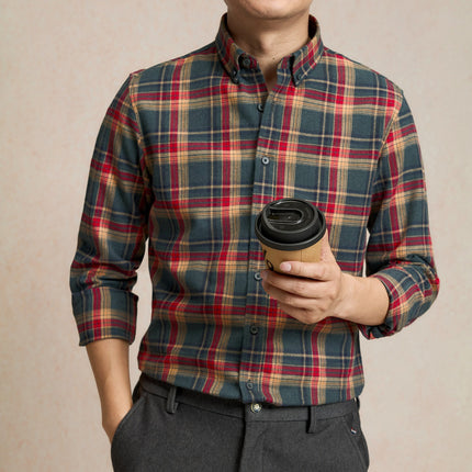 Pure Cotton Brushed Plaid Shirt for Men