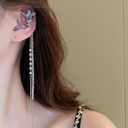 Zircon Star Moon Tassel Clip Earrings
