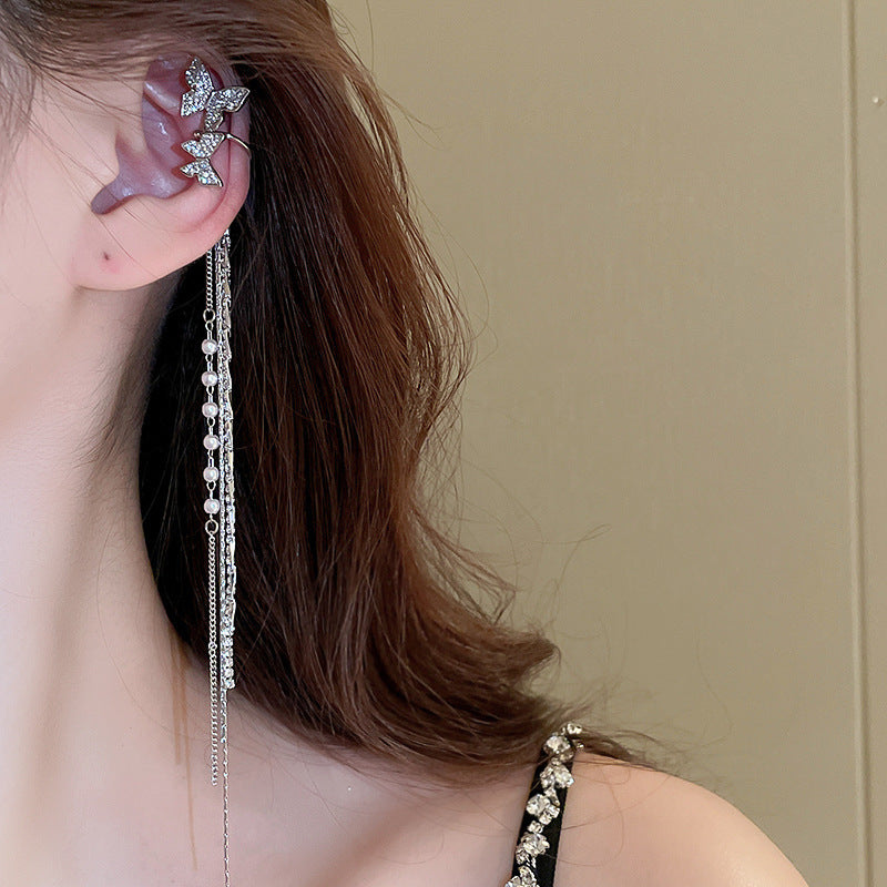 Zircon Star Moon Tassel Clip Earrings