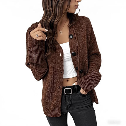 Womens Solid Color Hooded Drawstring Knit Cardigan Jacket