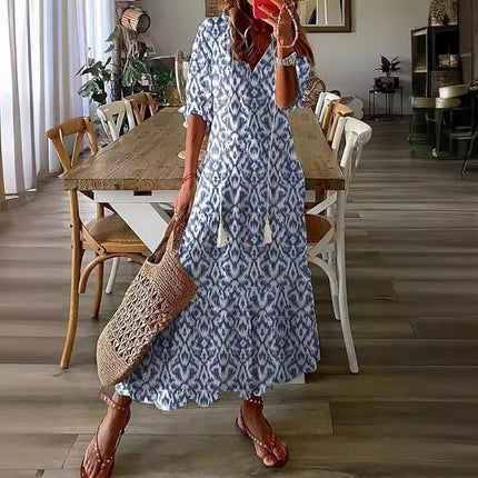 Womens V-Neck Printed Lantern Sleeve Dress