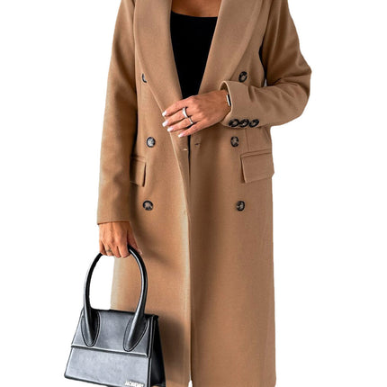 Womens Double-Breasted Wool Blend Coat with Pockets