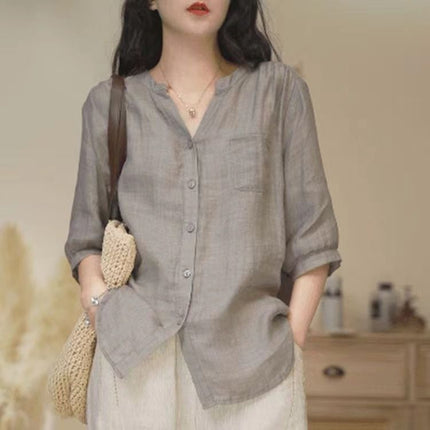 Womens Vintage Summer Cotton Linen V-Neck Loose Shirt