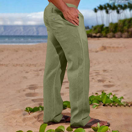 Mens Linen Cotton Drawstring Waist Casual Trousers