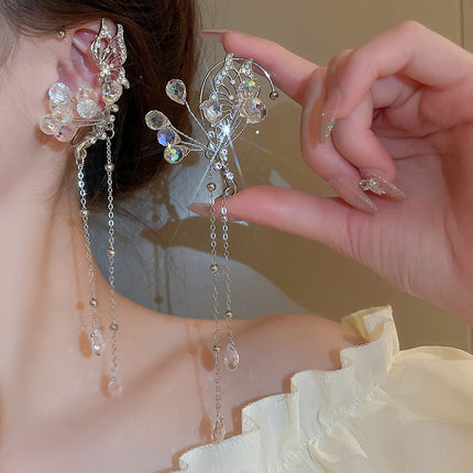 Zircon Star Moon Tassel Clip Earrings