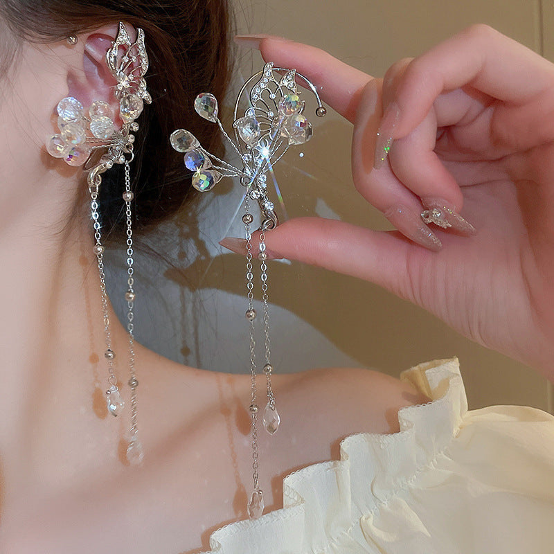 Zircon Star Moon Tassel Clip Earrings