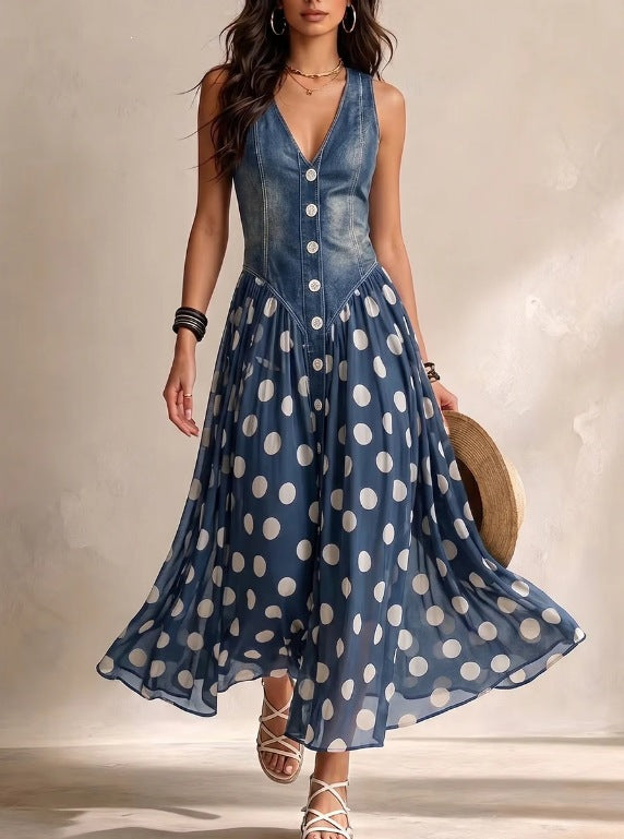 Women's Fashion Casual Printed Faux Denim Polka Dot Dress