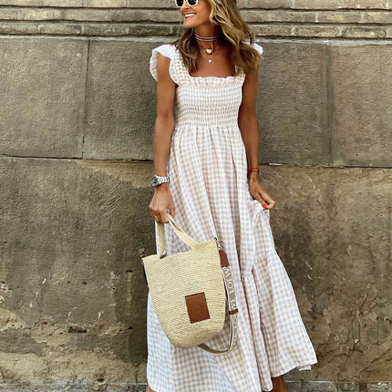 Summer Stylish Women's Patchwork Plaid Strap Elastic Flared Dress