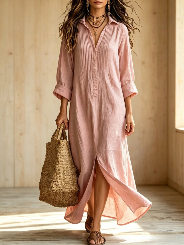 Womens Button Down Long Sleeve Cotton Dress