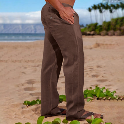 Mens Linen Cotton Drawstring Waist Casual Trousers