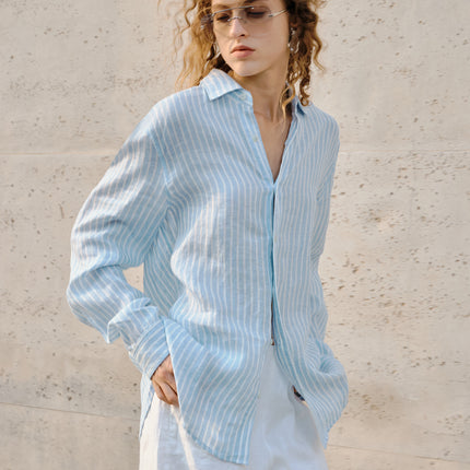 Women's linen check long-sleeved loose-fitting collar shirt