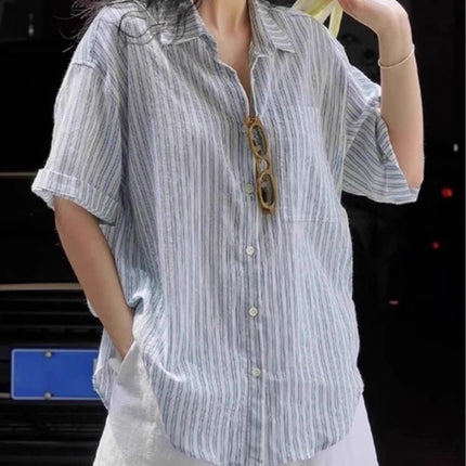 Blue White Striped Cotton Linen Short Sleeve Shirt
