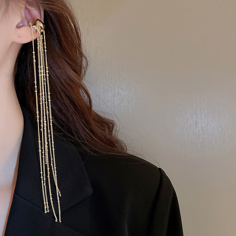 Zircon Star Moon Tassel Clip Earrings