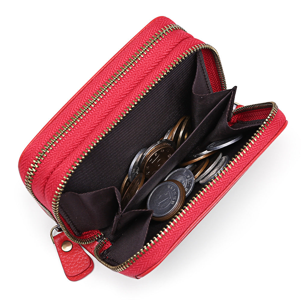 First Cowhide Double Layer Zipper Expanding Card Holder