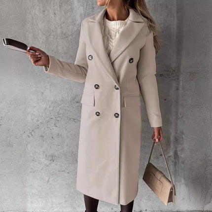 Womens Double-Breasted Wool Blend Coat with Pockets